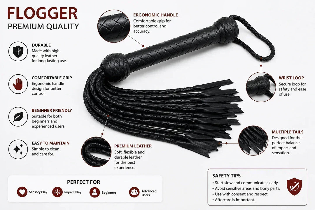 Premium black leather flogger with ergonomic handle and multiple tails for sensory play.