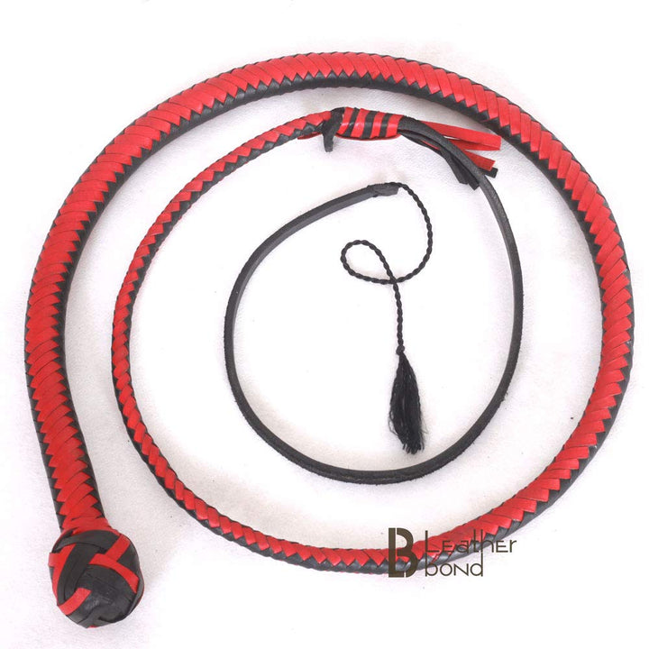 Kangaroo Hide Leather & Shot Loaded Snake Whip 4, 5, 6 or 8 Feet 12 Strands Red & Black