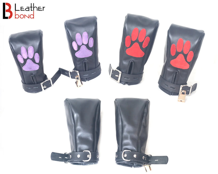 Real Cow Hide Leather Fist Mitts Gloves Restraint Bondage Lockable 2 Pieces  Full Black, Red Paws, Purple Paws Leather Bond