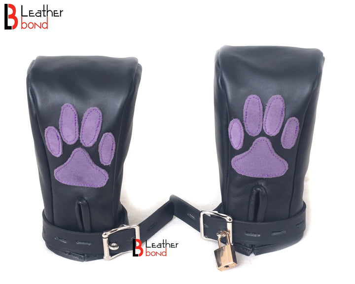 Real Cow Hide Leather Fist Mitts Gloves Restraint Bondage Lockable 2 Pieces  Full Black, Red Paws, Purple Paws Leather Bond