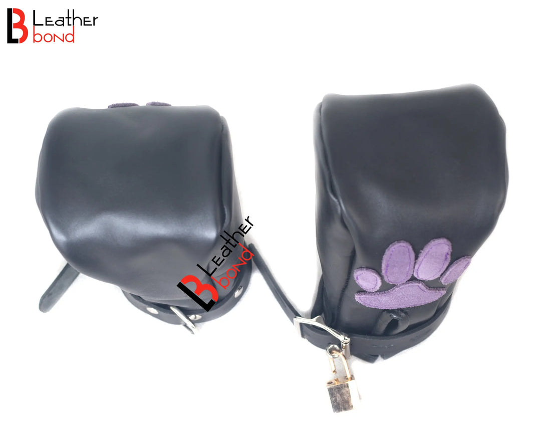 Real Cow Hide Leather Fist Mitts Gloves Restraint Bondage Lockable 2 Pieces  Full Black, Red Paws, Purple Paws Leather Bond