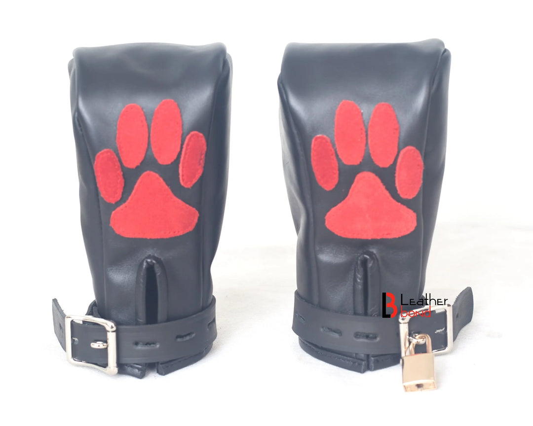 Real Cow Hide Leather Fist Mitts Gloves Restraint Bondage Lockable 2 Pieces  Full Black, Red Paws, Purple Paws Leather Bond