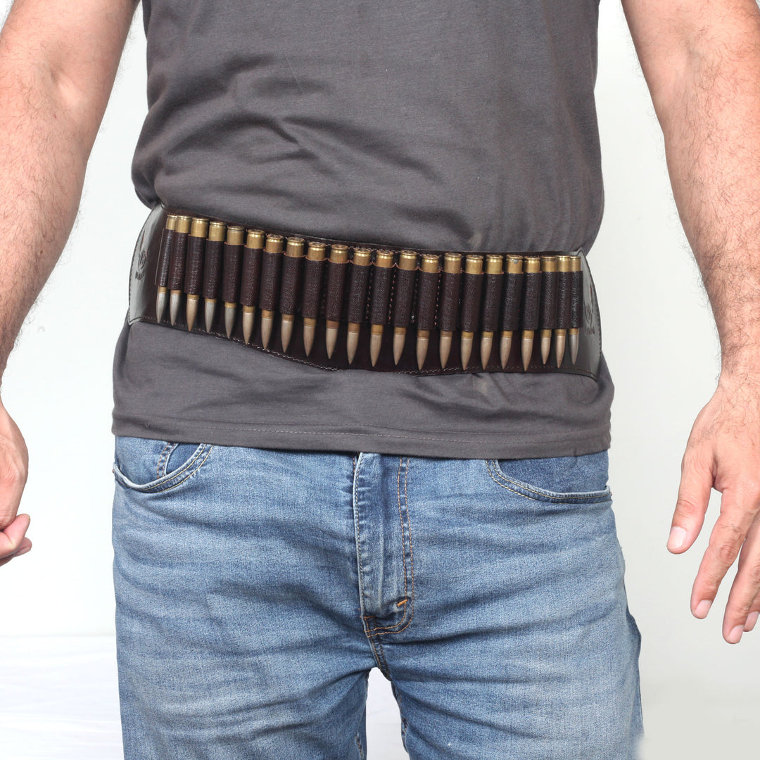 Cowhide Leather Rifle Cartridge Reload Holder, Belt Loop, 22 Loops Rifle Shells - Leather Bond