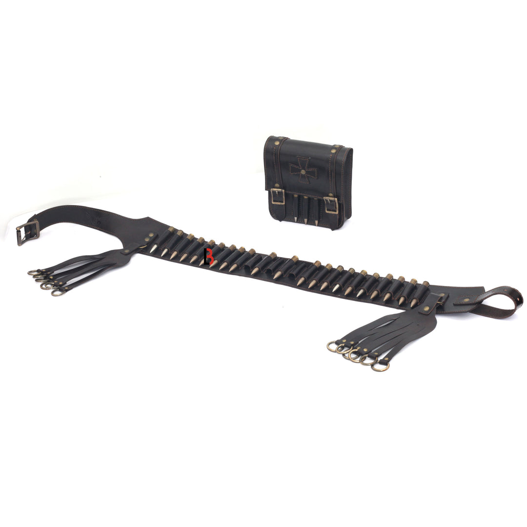 Cowhide Leather Bandolier Belt Bird Hanger & Hunting Pouch Set Rifle Cartridges - Leather Bond