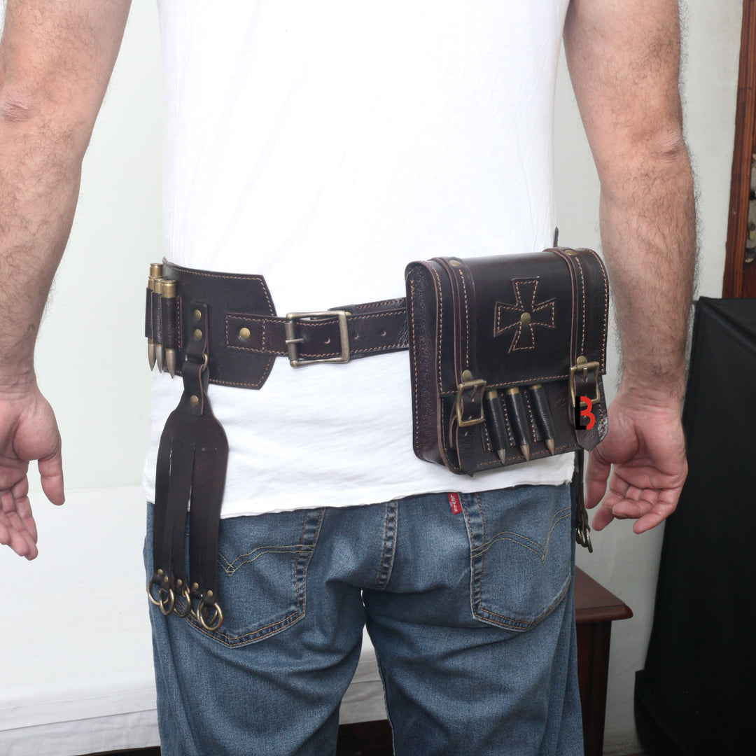 Cowhide Leather Bandolier Belt Bird Hanger & Hunting Pouch Set Rifle Cartridges - Leather Bond