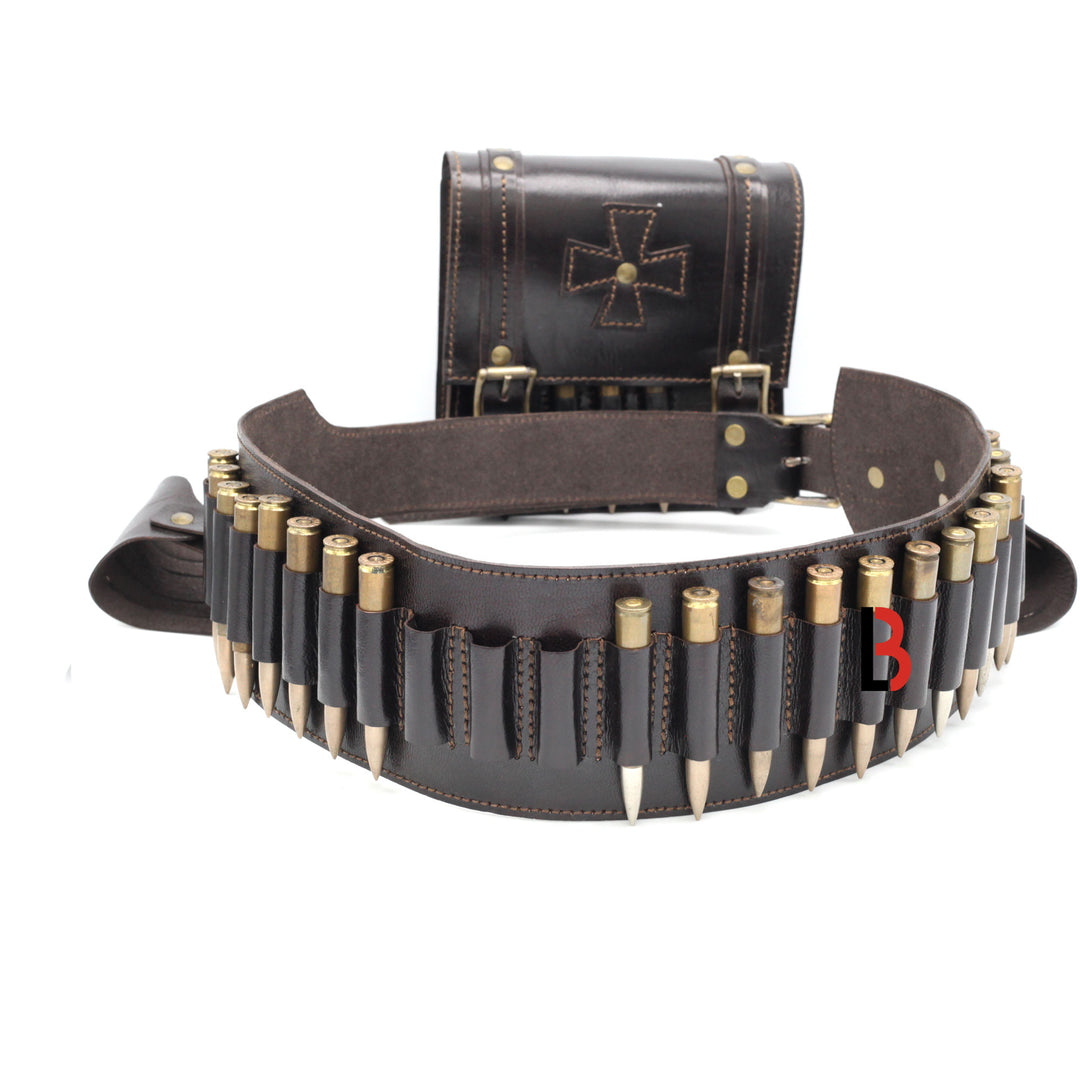 Cowhide Leather Bandolier Belt Bird Hanger & Hunting Pouch Set Rifle Cartridges - Leather Bond