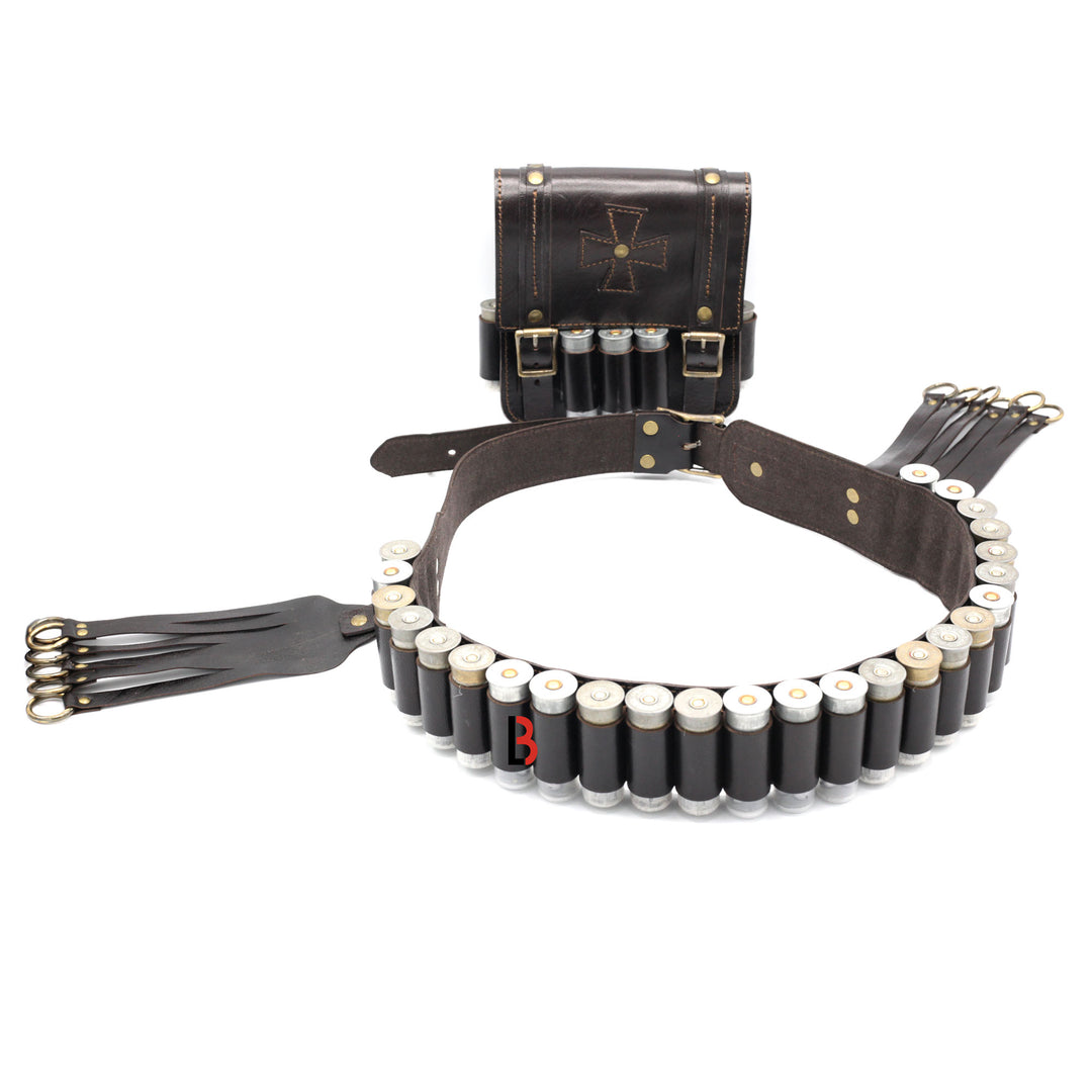 Cowhide Leather Bandolier Belt, Bird Hanger & Hunting Pouch 12 Gauge Cartridges - Leather Bond