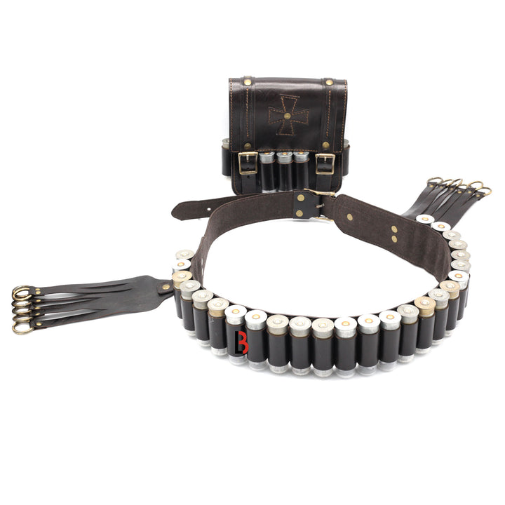 Cowhide Leather Bandolier Belt, Bird Hanger & Hunting Pouch 12 Gauge Cartridges - Leather Bond