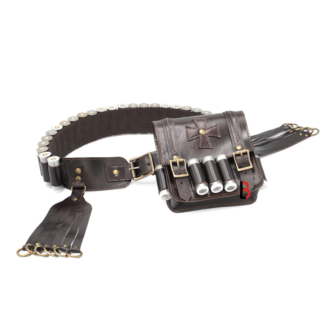 Cowhide Leather Bandolier Belt, Bird Hanger & Hunting Pouch 12 Gauge Cartridges - Leather Bond