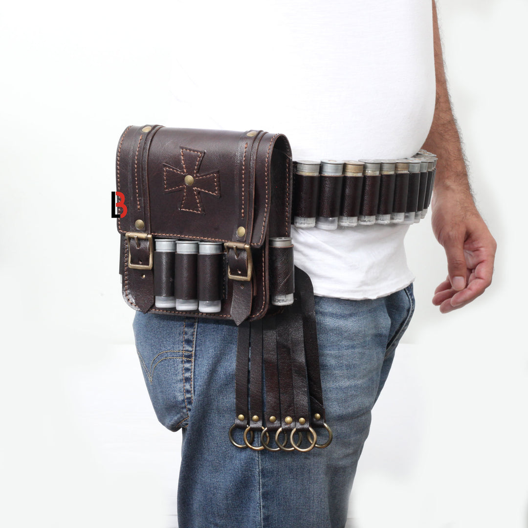 Cowhide Leather Bandolier Belt, Bird Hanger & Hunting Pouch 12 Gauge Cartridges - Leather Bond