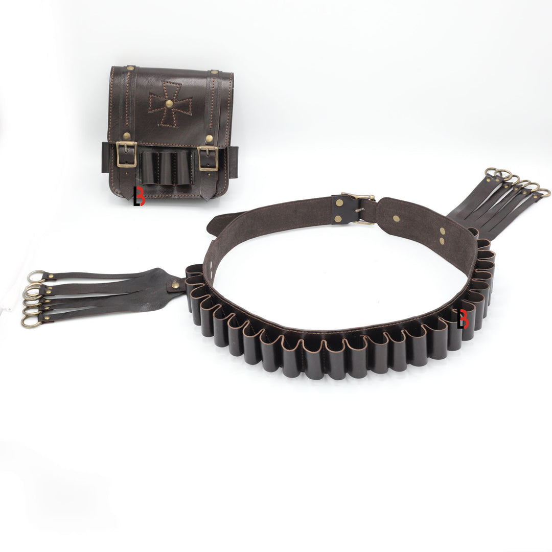 Cowhide Leather Bandolier Belt, Bird Hanger & Hunting Pouch 12 Gauge Cartridges - Leather Bond