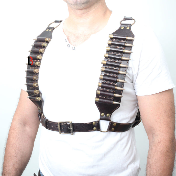 Cowhide Leather Rifle Cartridge Bandolier Belt and Chest Harness Hunting Ammo - Leather Bond