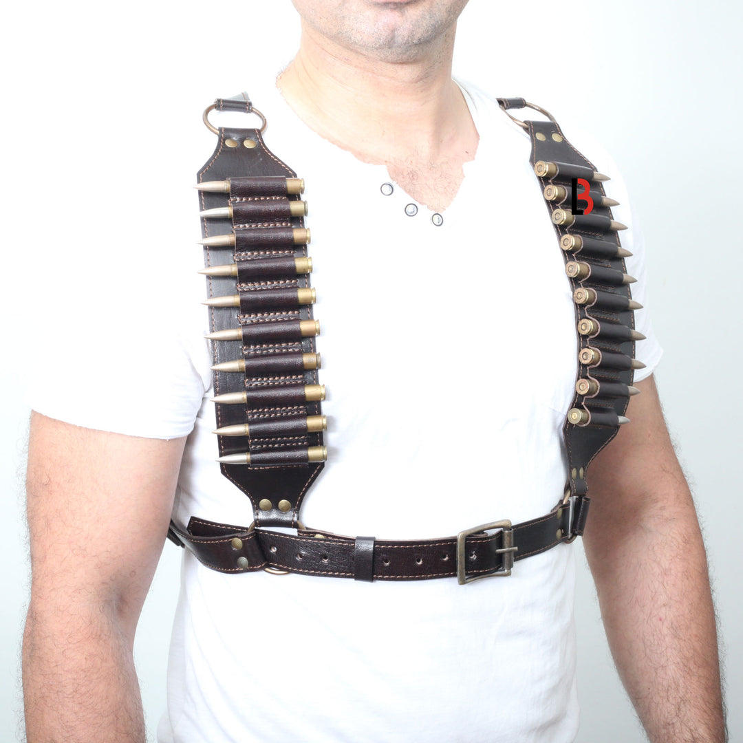Cowhide Leather Rifle Cartridge Bandolier Belt and Chest Harness Hunting Ammo - Leather Bond