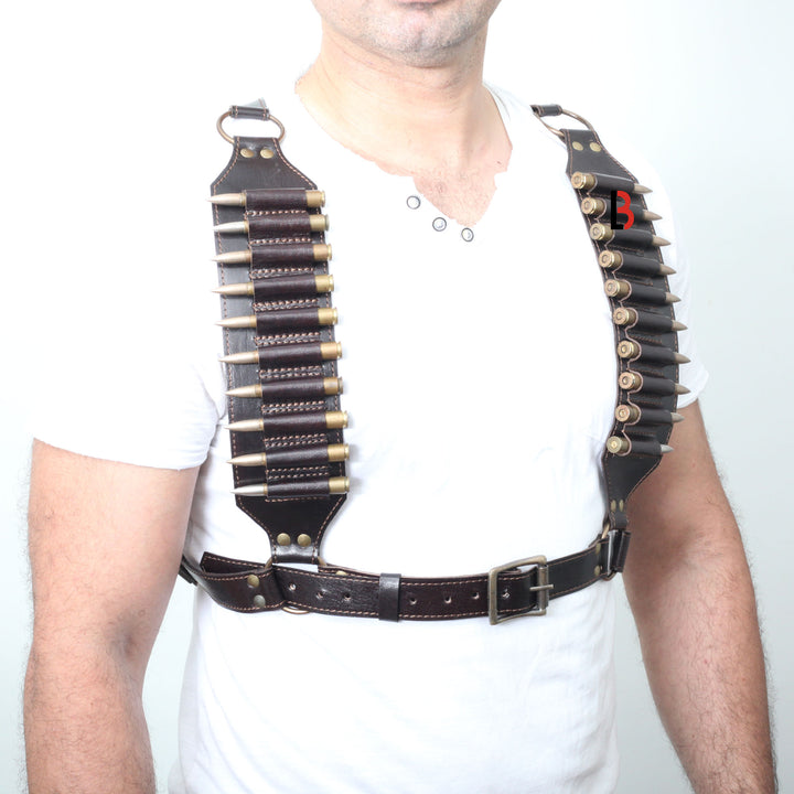 Cowhide Leather Rifle Cartridge Bandolier Belt and Chest Harness Hunting Ammo - Leather Bond