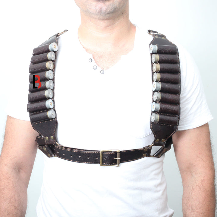 Cowhide Leather Shotshell Bandolier Belt and Shoulder Harness Hunting Ammo Pouch - Leather Bond