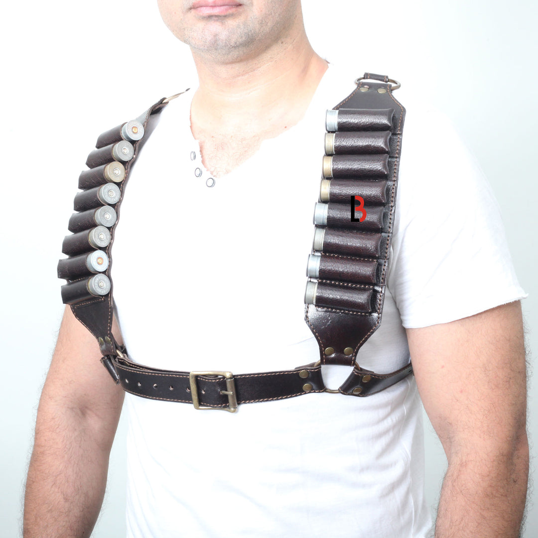 Cowhide Leather Shotshell Bandolier Belt and Shoulder Harness Hunting Ammo Pouch - Leather Bond