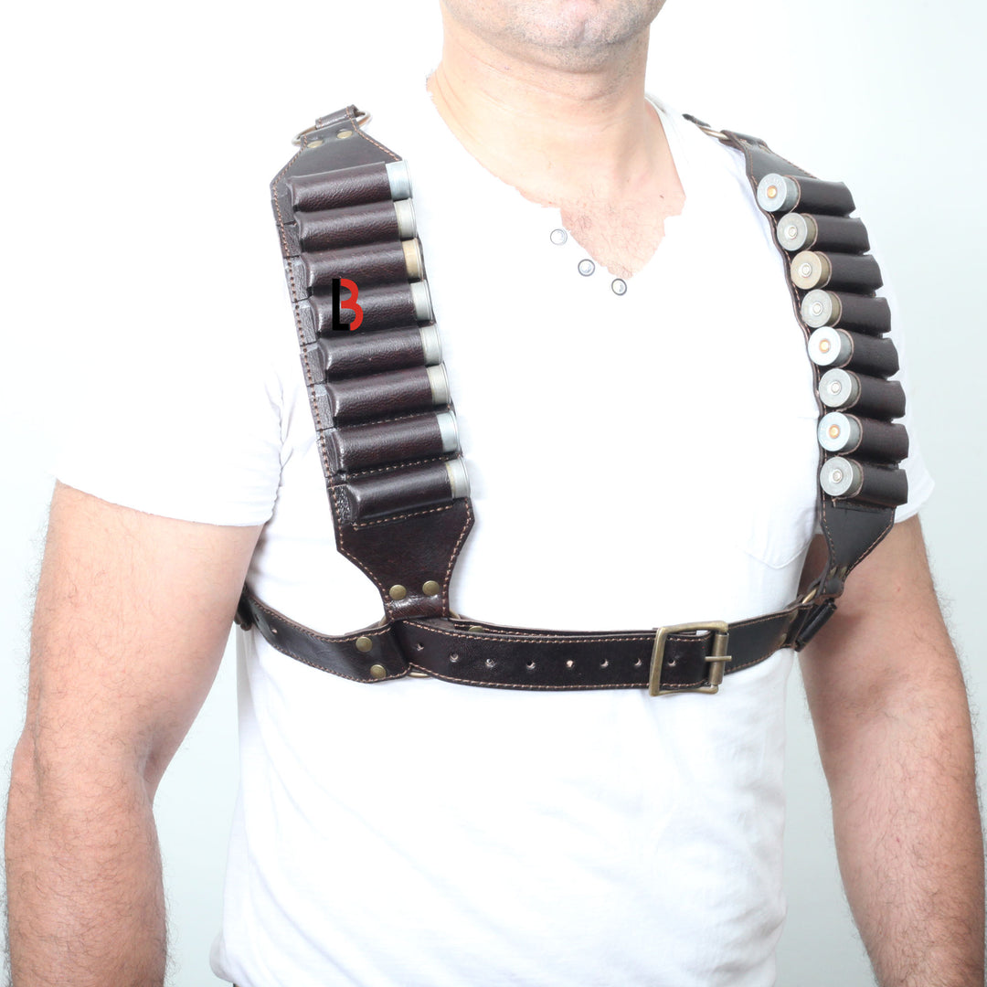 Cowhide Leather Shotshell Bandolier Belt and Shoulder Harness Hunting Ammo Pouch - Leather Bond