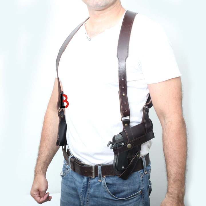 Handmade, Universal, Leather Shoulder Concealed Holster Horizontal & Double Mag - Leather Bond