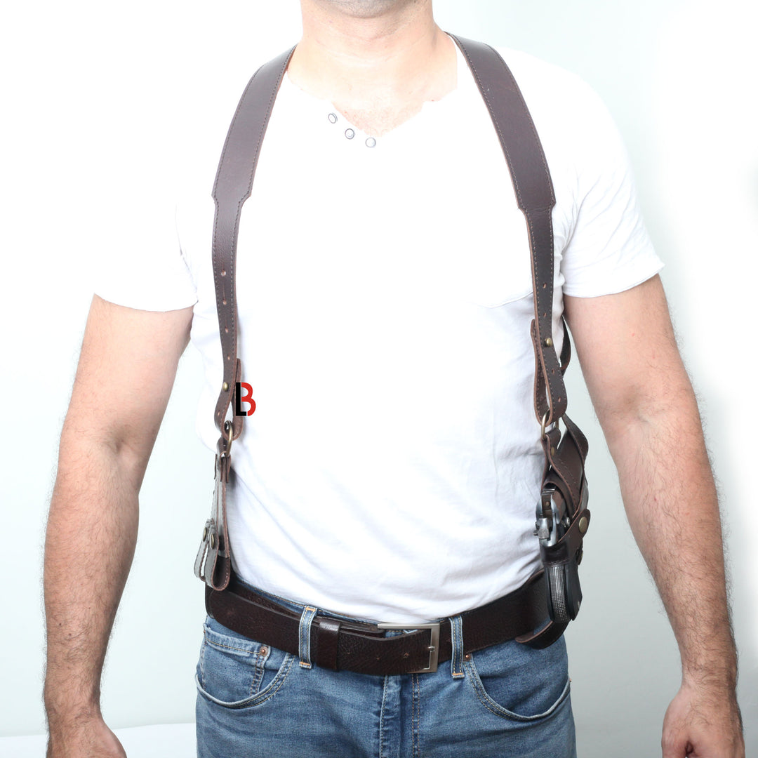 Handmade, Universal, Leather Shoulder Concealed Holster Horizontal & Double Mag - Leather Bond