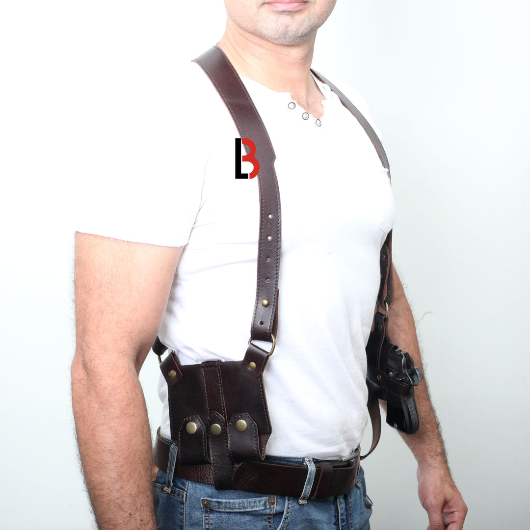 Handmade, Universal, Leather Shoulder Concealed Holster Horizontal & Double Mag - Leather Bond