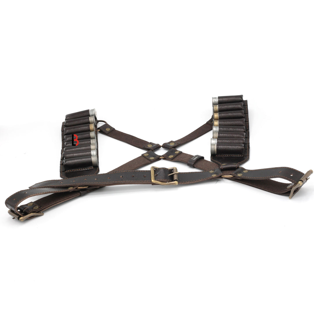 Cowhide Leather Shotshell Bandolier Belt and Shoulder Harness Hunting Ammo Pouch - Leather Bond