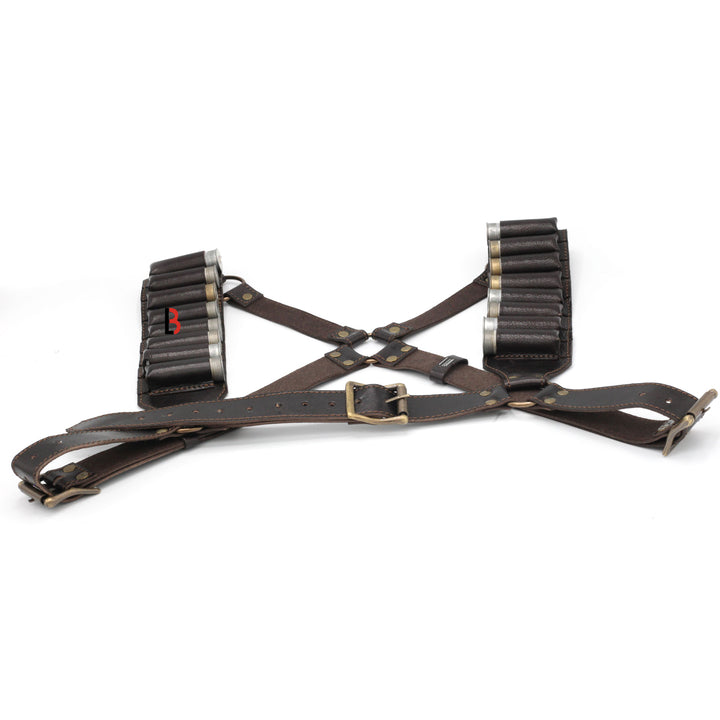 Cowhide Leather Shotshell Bandolier Belt and Shoulder Harness Hunting Ammo Pouch - Leather Bond