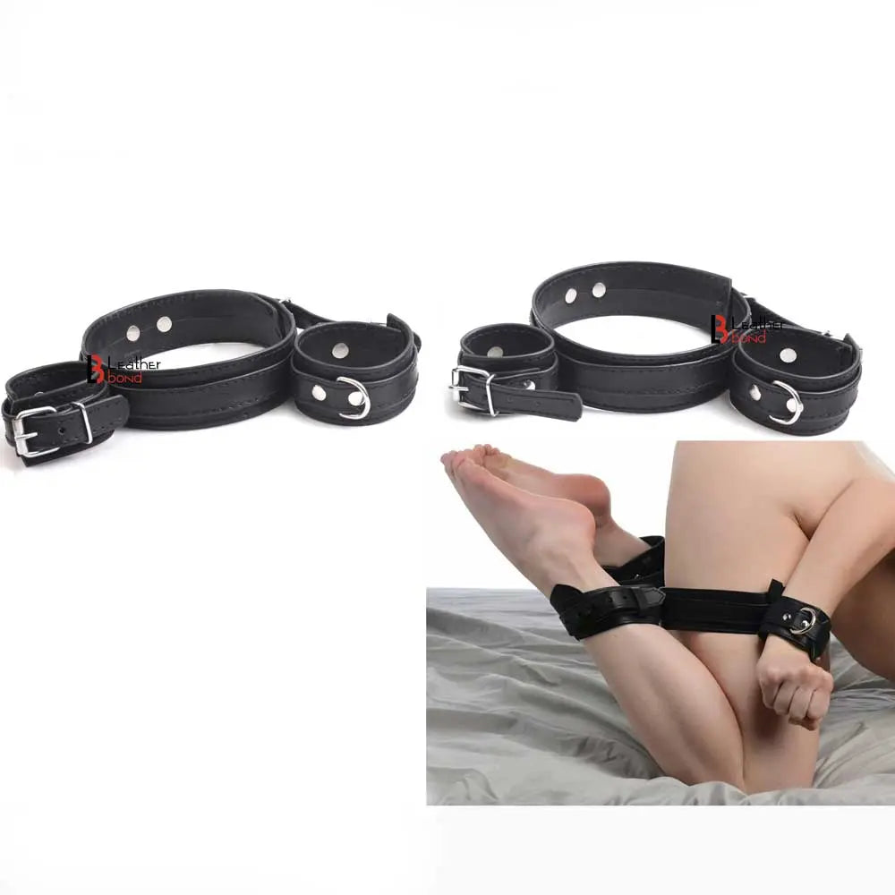 Frog-Tie Restraint Set Bondage BDSM Cosplay Torment Thigh Wrist Ankle Cuffs Toy Leather Bond