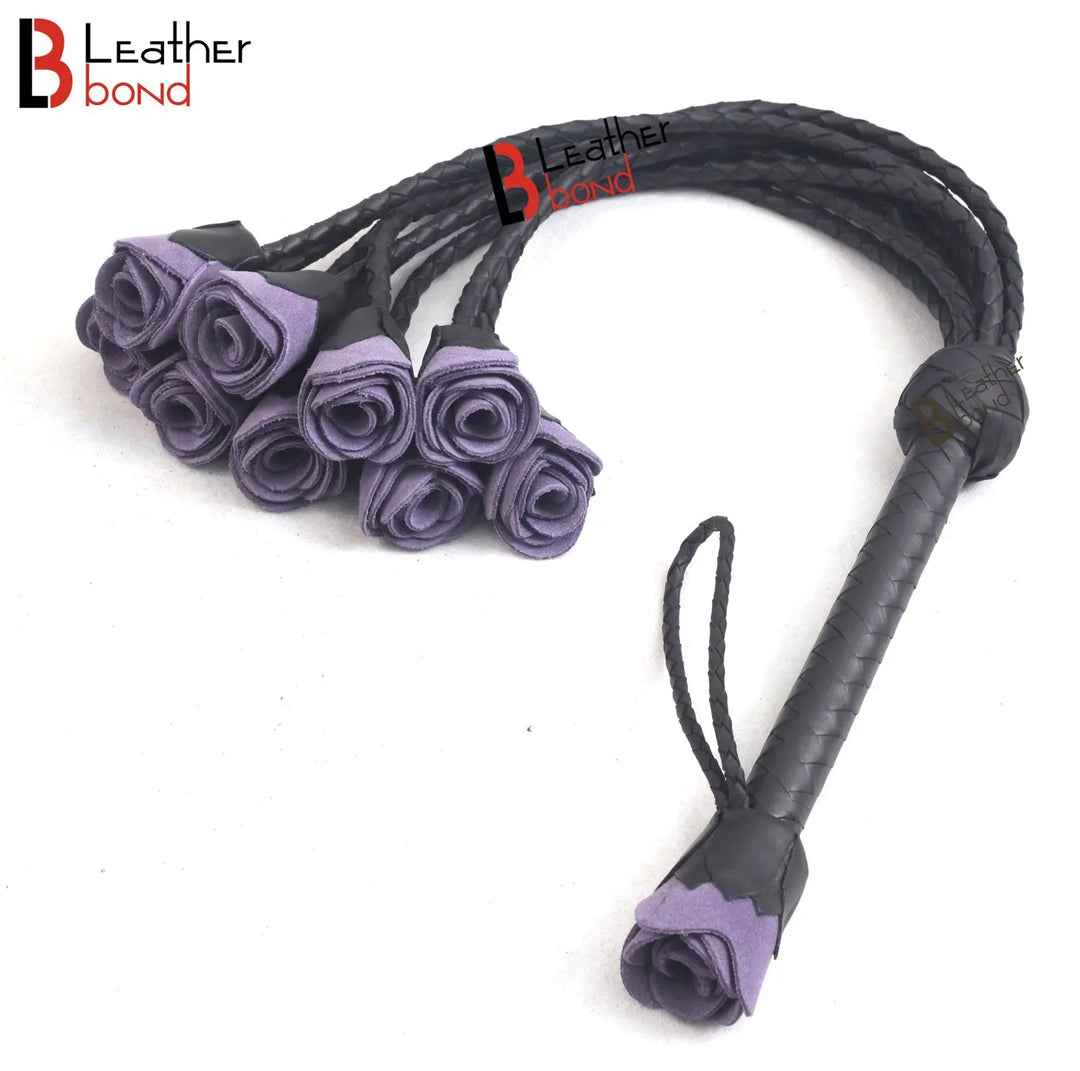 Real Genuine Cowhide Leather Flogger 9 Braided Falls Heavy Roses Cat-o-nine Tails Flog Red Purple and Black Leather Bond