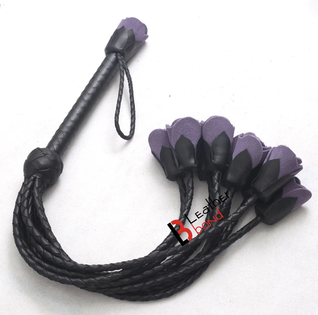 Real Genuine Cowhide Leather Flogger 9 Braided Falls Heavy Roses Cat-o-nine Tails Flog Red Purple and Black Leather Bond