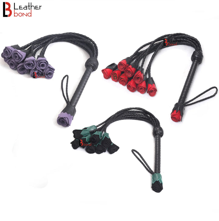 Real Genuine Cowhide Leather Flogger 9 Braided Falls Heavy Roses Cat-o-nine Tails Flog Red Purple and Black Leather Bond