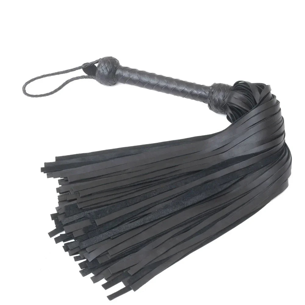 Black leather flogger for erotic spanking