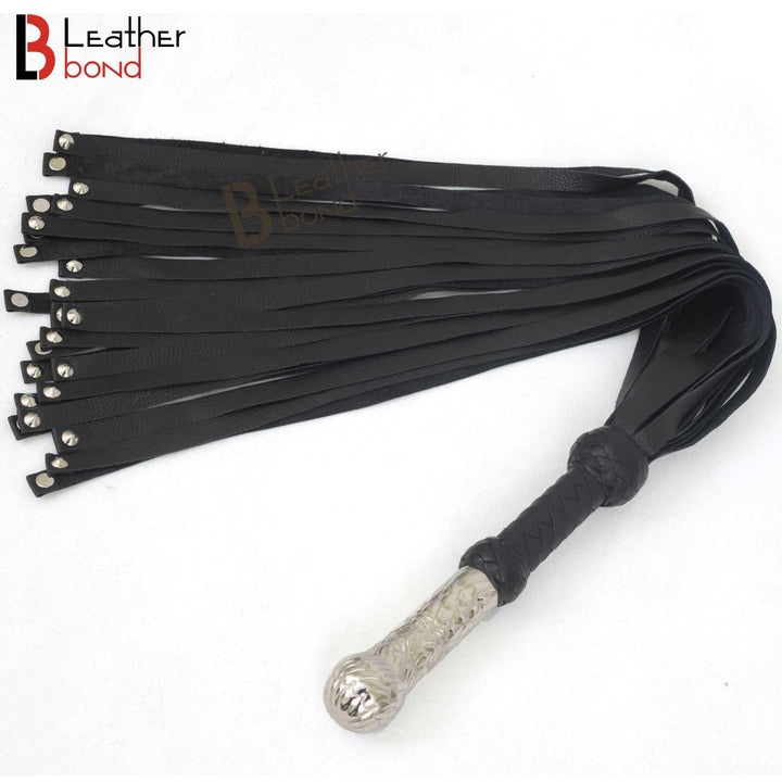 black BDSM flogger whip with 25 real leather falls and steel studs, perfect for flogger spanking and intense flogger sex play