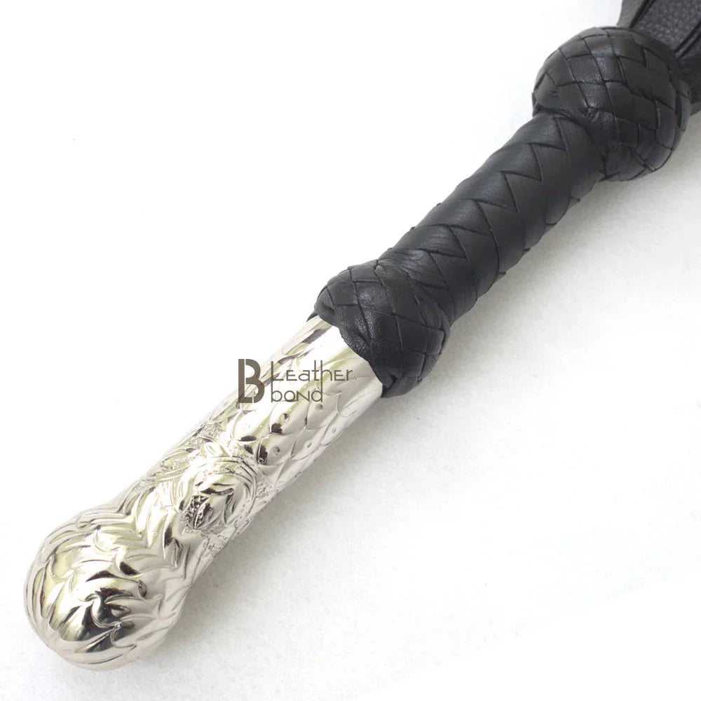 black BDSM flogger whip for secure grip during flogger spanking and high-intensity flogger sex play