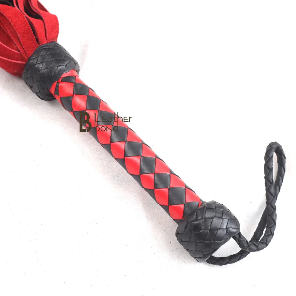 Braided leather handle and wrist loop of suede BDSM flogger whip, crafted for control in flogger spanking and heavy-duty flogger sex sessions