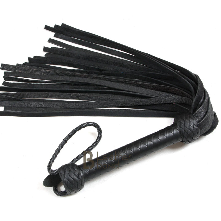 black BDSM flogger whip with 25 real leather falls, ideal for flogger spanking and intense flogger sex sessions.