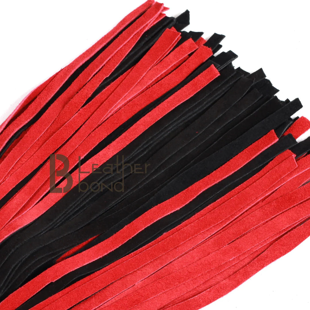 Close-up of 100 real leather suede falls on BDSM flogger whip, crafted for heavy flogger spanking and deep impact flogger sex play.