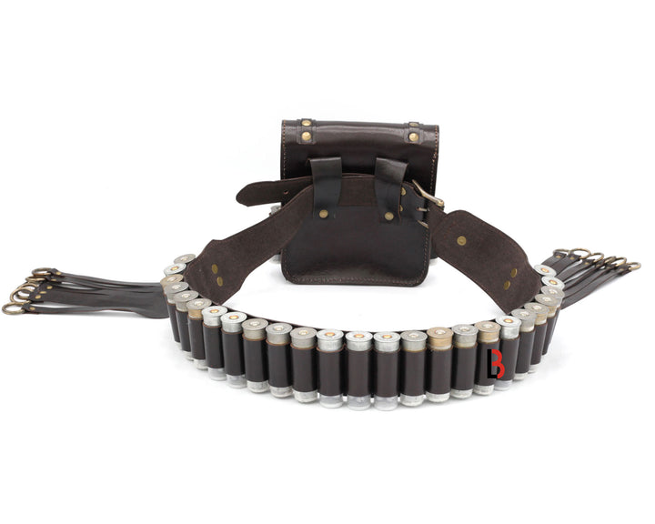 Cowhide Leather Bandolier Belt, Bird Hanger & Hunting Pouch 12 Gauge Cartridges - Leather Bond