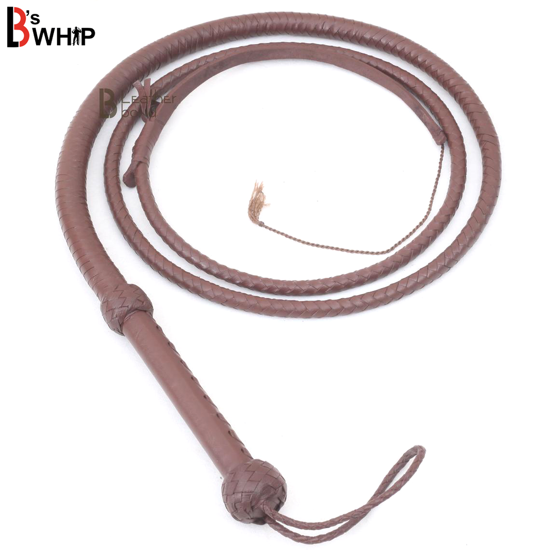Indiana Jones style dark brown leather bullwhip by Leather Bond, handmade cowhide 8-plait rope core whip for whip cracking and cosplay props.
