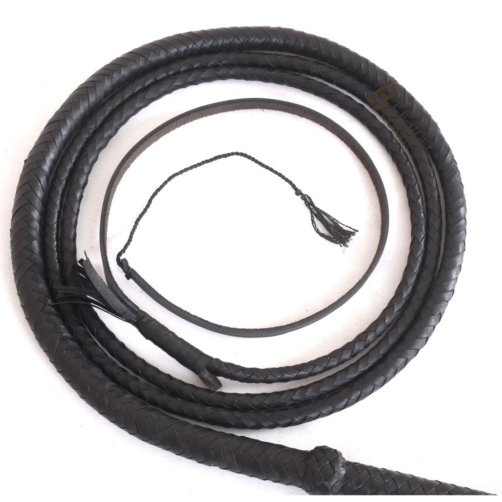 Black Leather Bullwhip 3ft, 4ft, 6ft & 8ft – 8 Plait Handmade Real Cowhide Rope Core Whip
