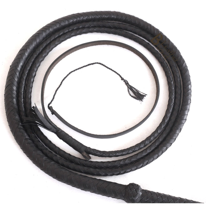 Close-up of 6ft black leather bullwhip handle – LB Whip with Turks Head Knot and wrist loop, handcrafted from real cowhide