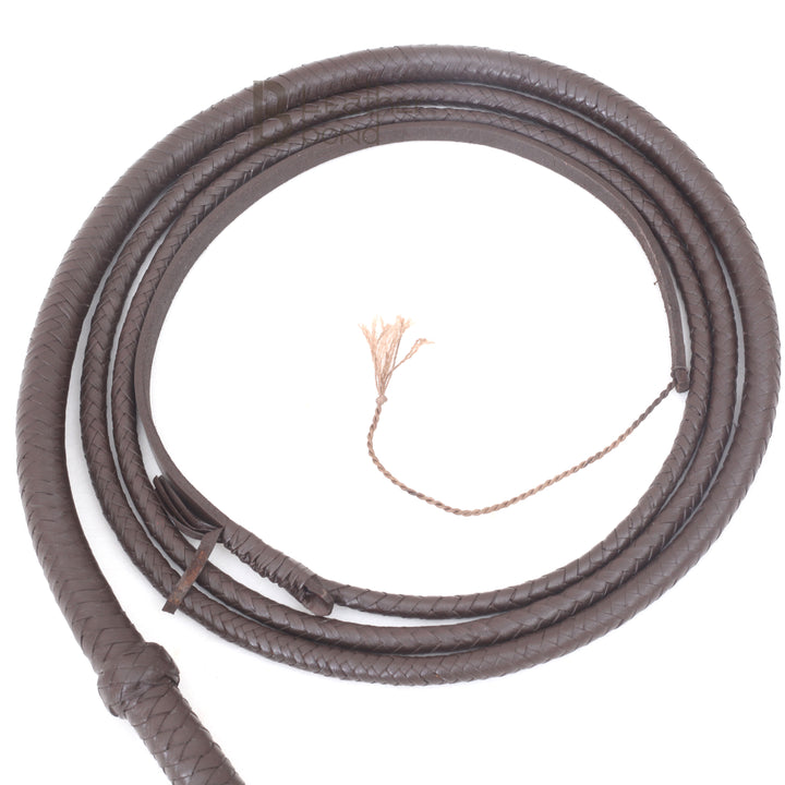 Handmade dark brown leather bullwhip 6ft cowhide 8 plait rope core by Leather Bond for whip cracking and cosplay.