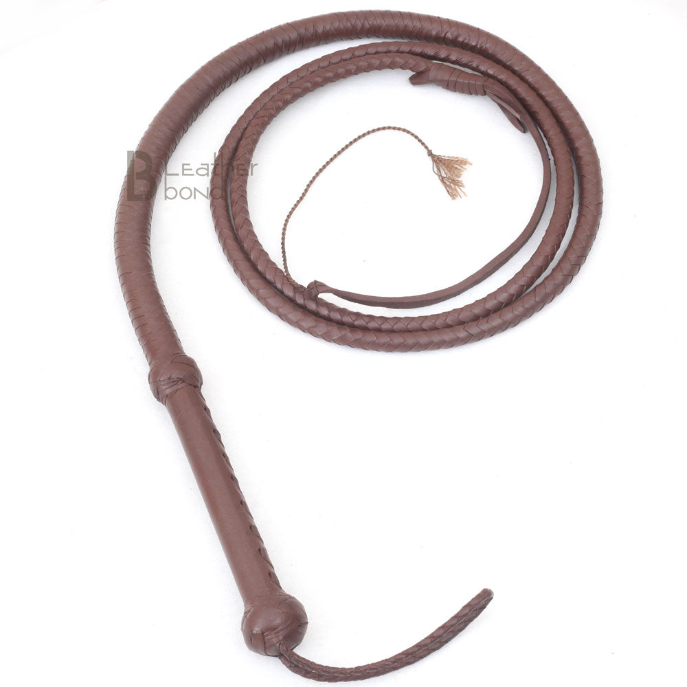 Indiana Jones style dark brown leather bullwhip by Leather Bond, handmade cowhide 8-plait rope core whip for whip cracking and cosplay props LB Whip Leather Bond.