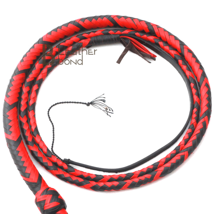 8ft red & black cowhide leather bullwhip by LB Whip – handcrafted rope core whip with Turks Head Knot handle and wrist loop