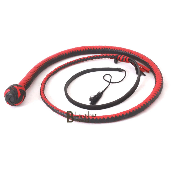 read and black leather snake whip for snake whipping.