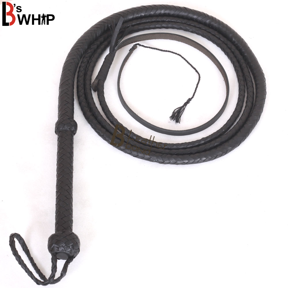 Handmade black leather bullwhip 4ft by Leather Bond, genuine cowhide rope core whip for whip cracking, cosplay and hobby
