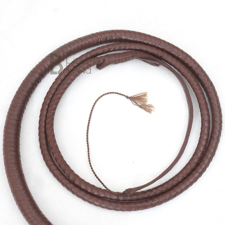 Coiled dark brown Indiana Jones bullwhip – LB’s Whip genuine cowhide 6ft–12ft handmade whip for hobby, cosplay, and equestrian training