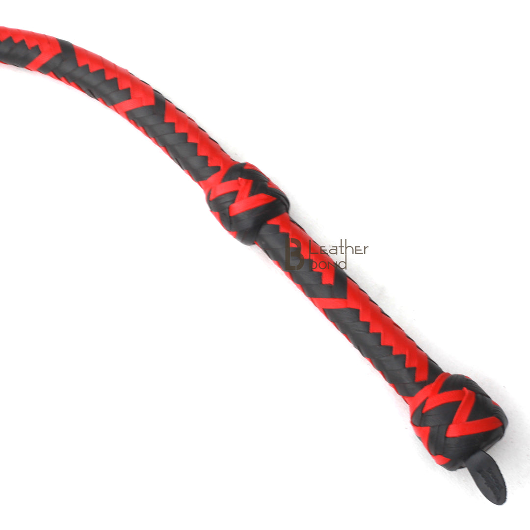 Close-up of red & black bullwhip handle – LB’s Whip genuine cowhide leather, handmade braiding and secure wrist loop.
