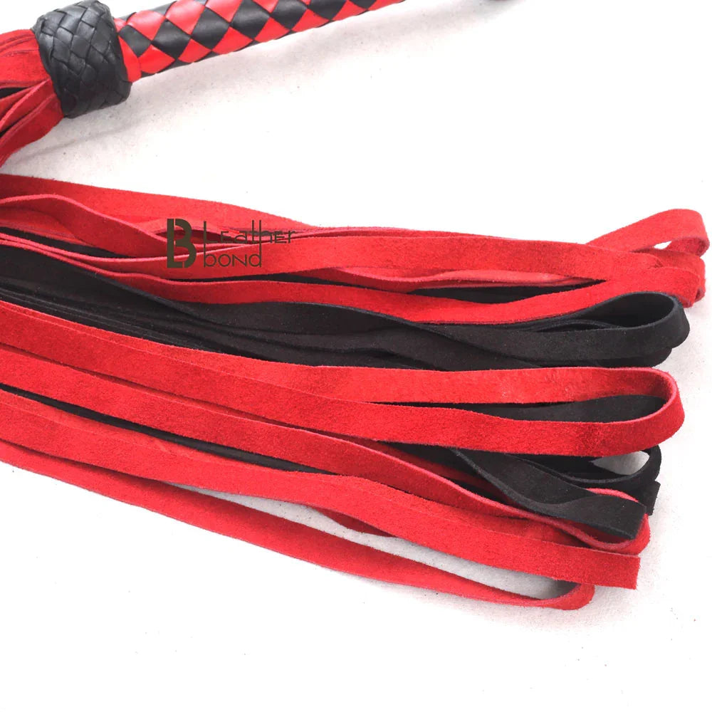 Close-up of 50 rounded loop-style falls on leather flogger whip, made from real cowhide suede for deep impact and BDSM flogger play