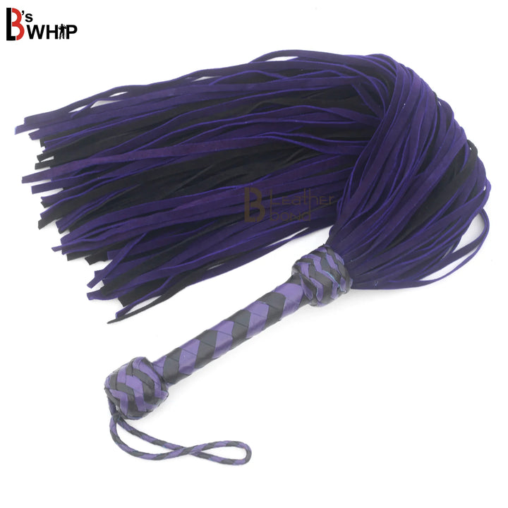 Full view of purple and black BDSM flogger whip with 100 real suede falls, perfect for heavy flogger spanking and deep flogger sex sessions