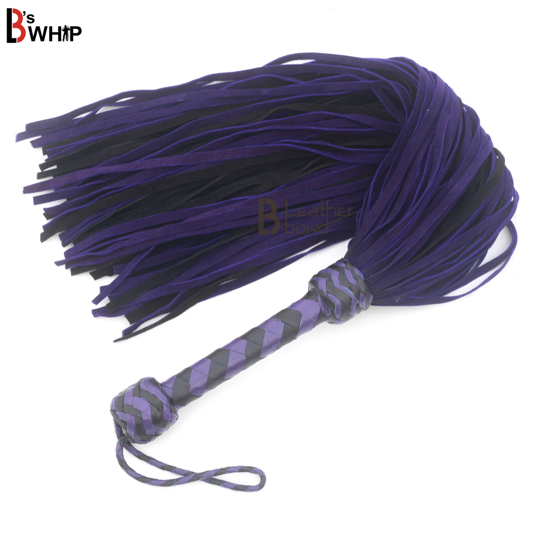 Full view of purple and black BDSM flogger whip with 50 suede falls, perfect for leather flogger spanking and intense flogger sex scenes.